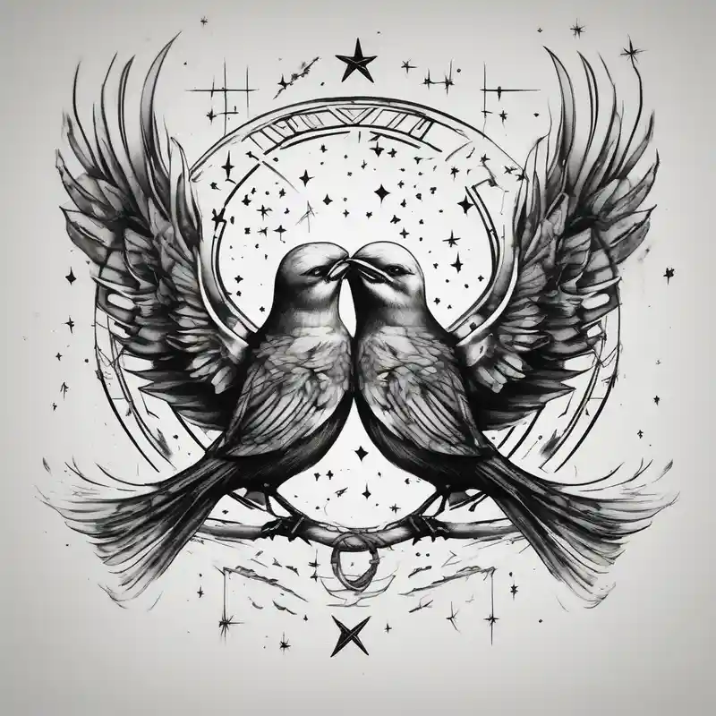 two birds sitting, stars and infinite theme couples tattoo glitter tattoo